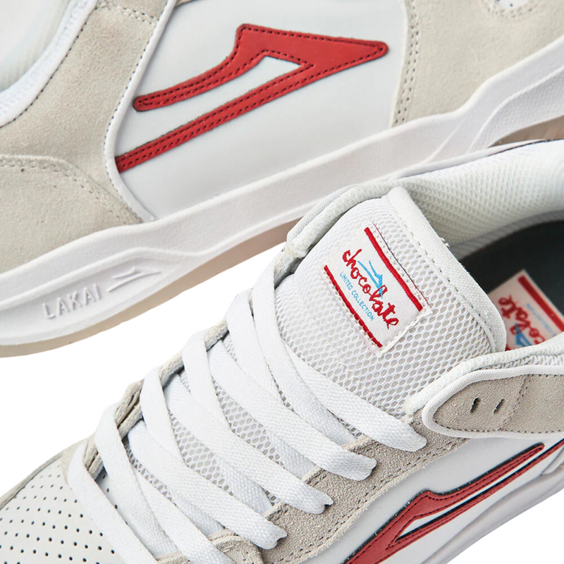Lakai x Chocolate Skateboards Telford Suede Skate Shoes | White & Red - The Vines Supply Co