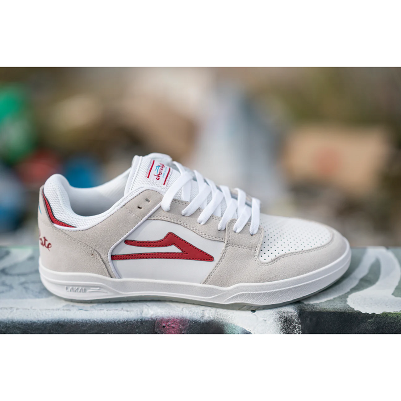 Lakai x Chocolate Skateboards Telford Suede Skate Shoes | White & Red - The Vines Supply Co