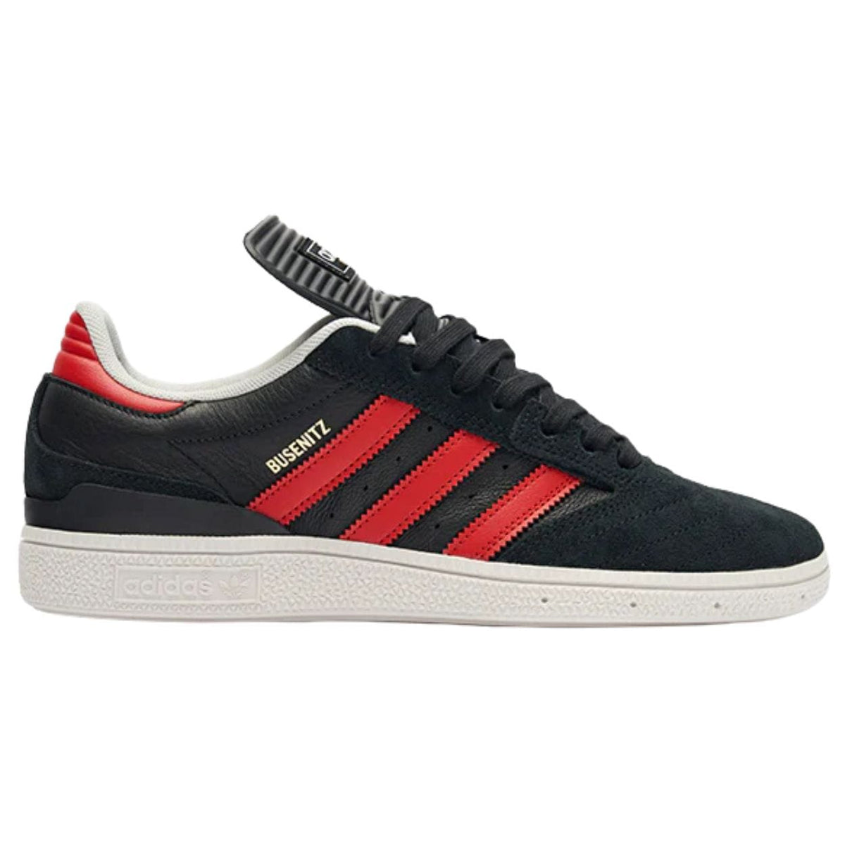 Adidas Skateboarding Busenitz Pro skate shoes in black, red, and white with durable design and skateboarding grip soles.