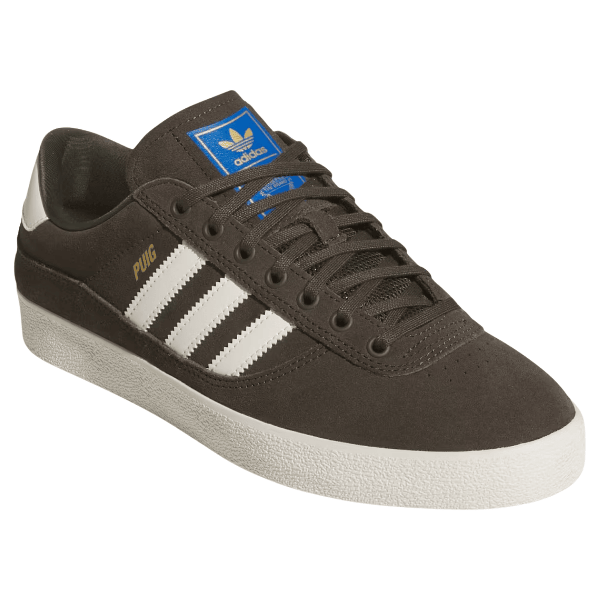 Adidas Skateboarding Puig Indoor Skate Shoes in shadow olive and off white with sleek design and skate-ready features.