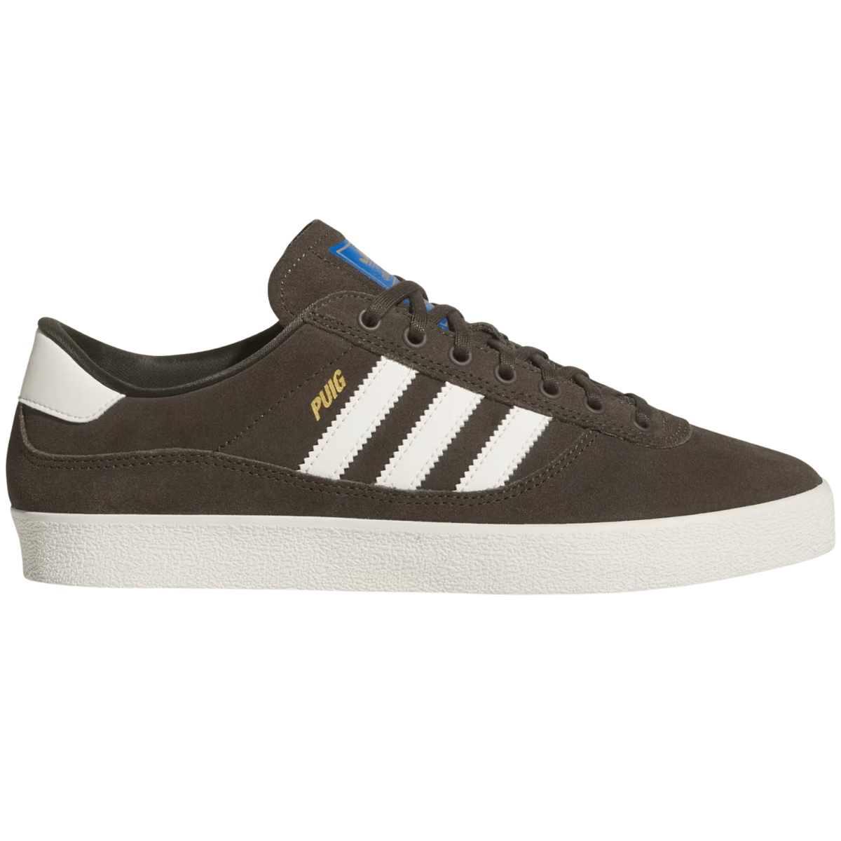 Adidas Skateboarding Puig indoor skate shoes in shadow olive and off white with durable design and skate-ready features.