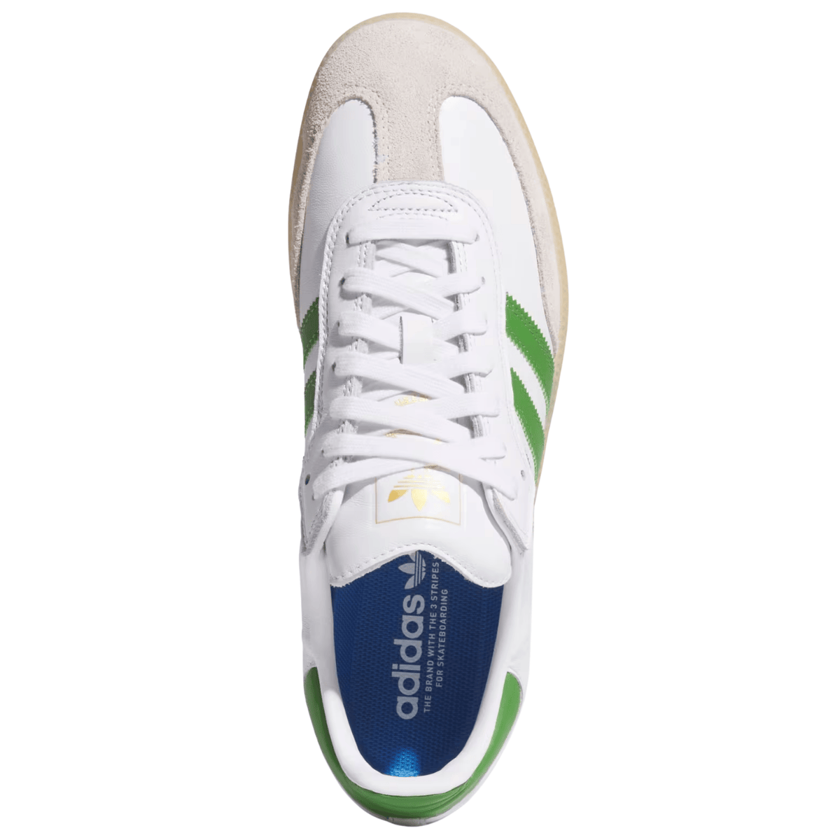 Adidas Skateboarding Samba ADV skate shoes in Cloud White and Crew Green with durable design and classic silhouette.