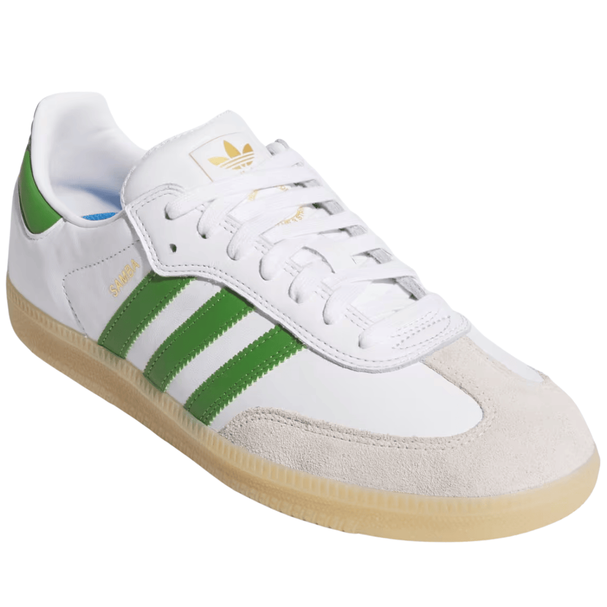 Adidas Skateboarding Samba ADV skate shoes in Cloud White and Crew Green with durable design and classic sneaker style.