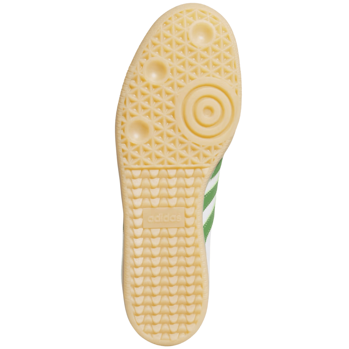 Adidas Skateboarding Samba ADV skate shoes in Cloud White and Crew Green with durable design and skate-ready features.