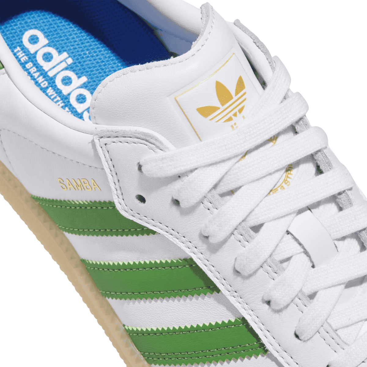 Adidas Skateboarding Samba ADV shoes in cloud white and crew green, featuring durable skate shoe design and classic style.