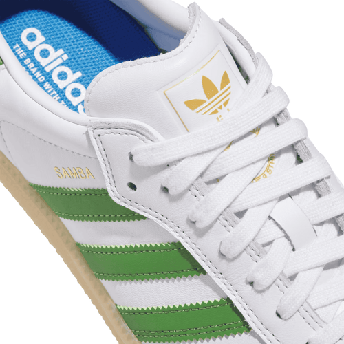 Adidas Skateboarding Samba ADV shoes in cloud white and crew green, featuring durable skate shoe design and classic style.