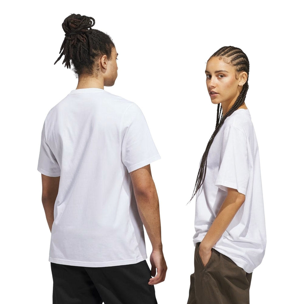 White Adidas Skateboarding Shmoohaus T-Shirt with graphic print, casual fit, made for skateboarding and everyday wear.