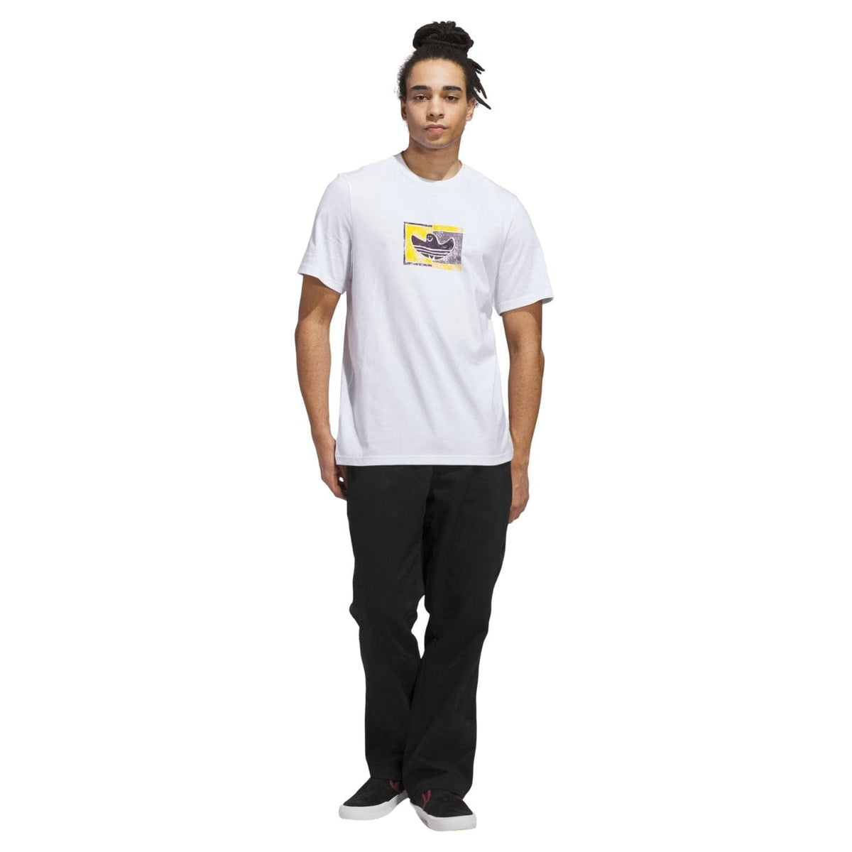 White Adidas Skateboarding Shmoohaus T-Shirt with graphic print, casual fit, made for skateboarding and everyday wear.