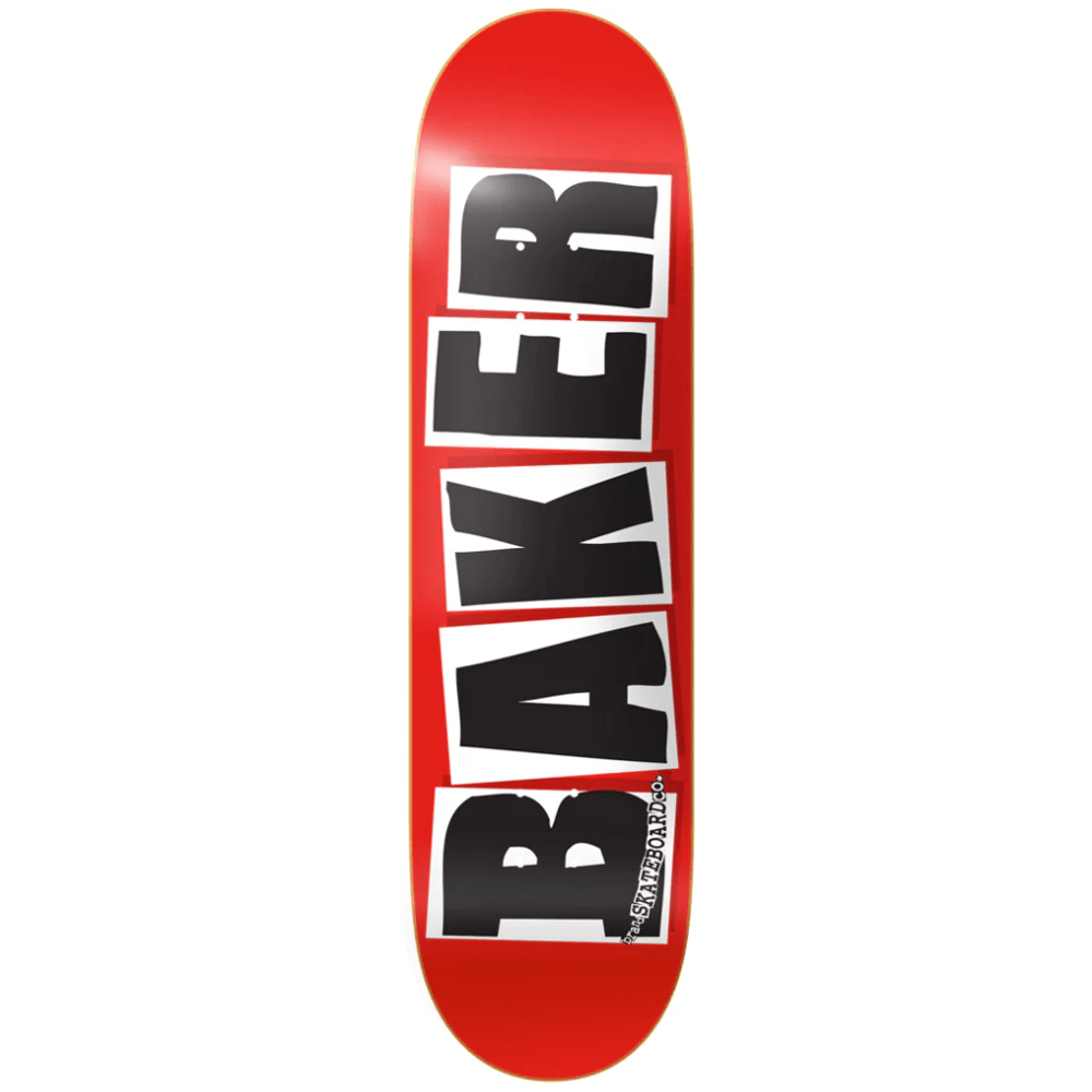 Black skateboard deck with Baker Brand logo, showcasing a sleek design on a Baker skateboard deck.