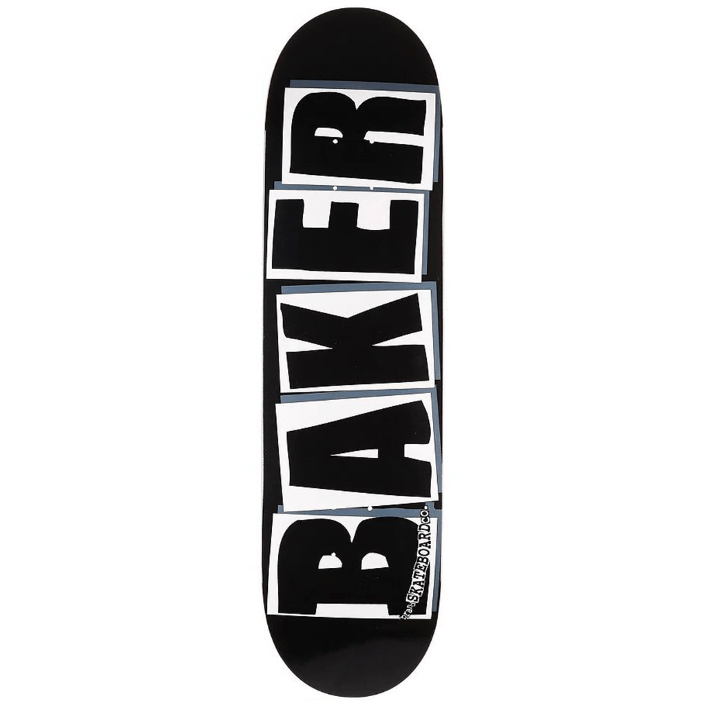 Black and white Baker skateboard deck featuring the Baker Brand logo, designed for skateboarding enthusiasts.