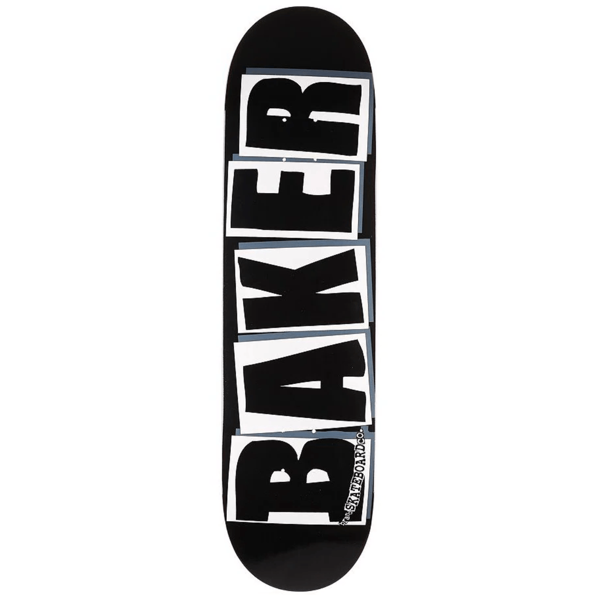 Black and white Baker skateboard deck featuring the Baker Brand logo, designed for skateboarding enthusiasts.