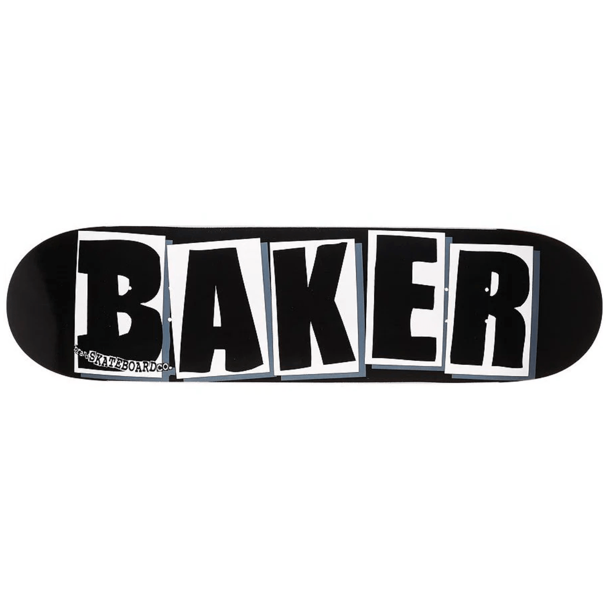 Baker Brand skateboard deck with black and white logo design, showcasing its graphic on the deck surface.