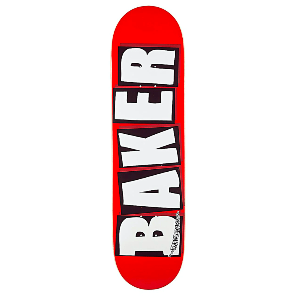 White skateboard deck featuring the Baker Brand logo, designed for skateboarding enthusiasts.