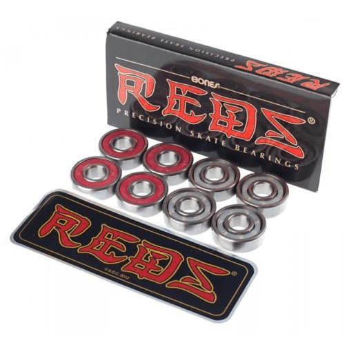 Set of eight Bones Reds precision skate bearings, high-performance skateboard bearings for smooth rolls and durability.