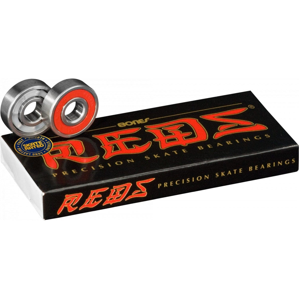 Bones Reds Precision Skate Bearings pack of 8, high-quality skateboard bearings with red seals, designed for smooth, fast rides.