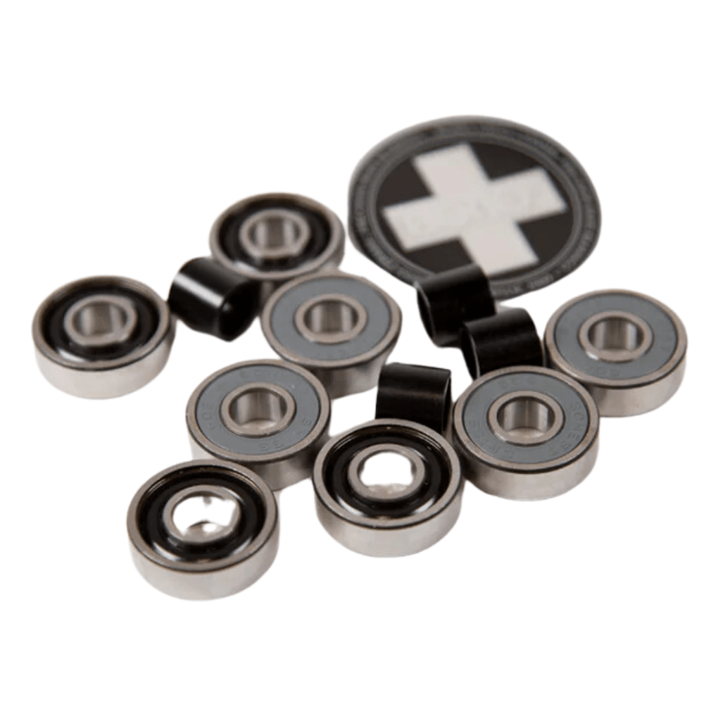 Bones Swiss Ceramics Skate Bearings showing their sleek metal design and branding for smooth, durable skateboard performance.