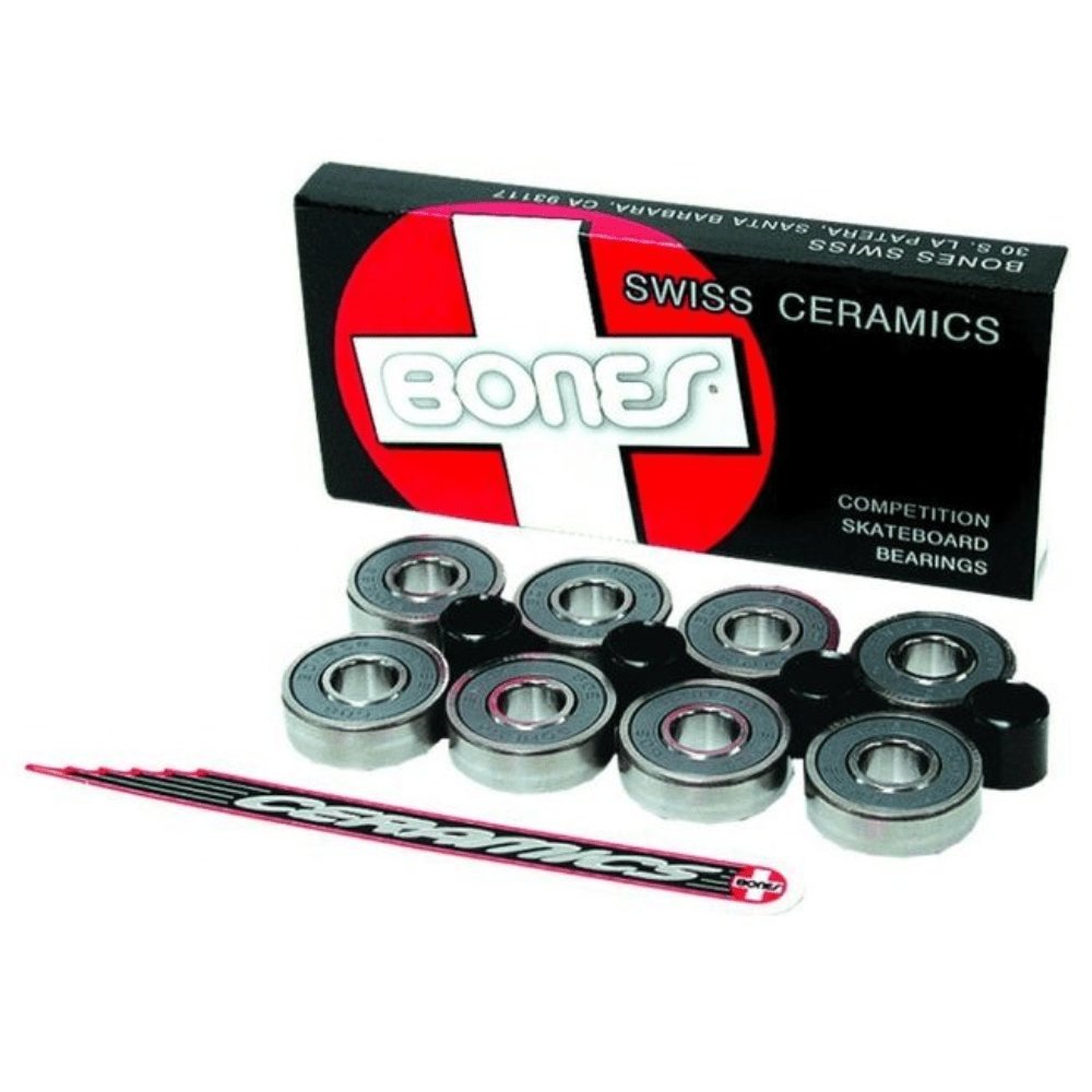 Bones Swiss Ceramics skate bearings in a clear container, featuring the Bones logo and detailed components for smooth skating.
