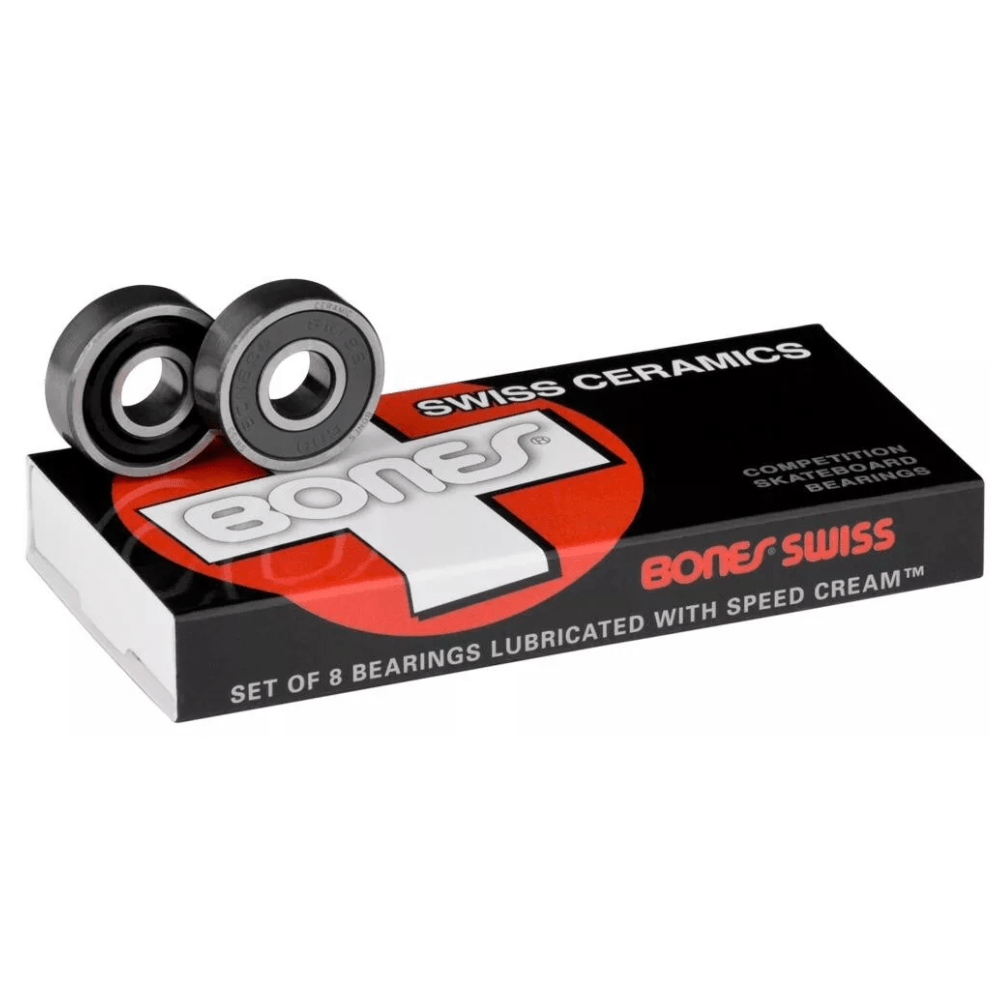 Bones Swiss Ceramics Skate Bearings showing sleek bearings with metal and ceramic components for smooth skating performance.