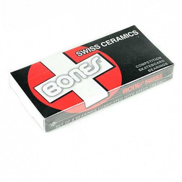 Bones Swiss Ceramics skateboard bearings showing metal construction and branding, designed for smooth and durable skateboarding performance.