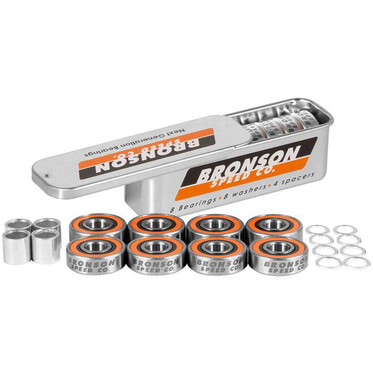 Bronson G3 Skateboard Bearings by Bronson, close-up of high-performance skateboard bearings with metal shield and branding.