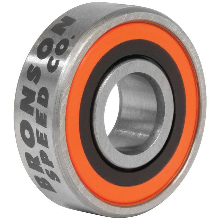 Bronson G3 skateboard bearings from Bronson, showing a close-up of the high-performance bearings with branding and metal components.