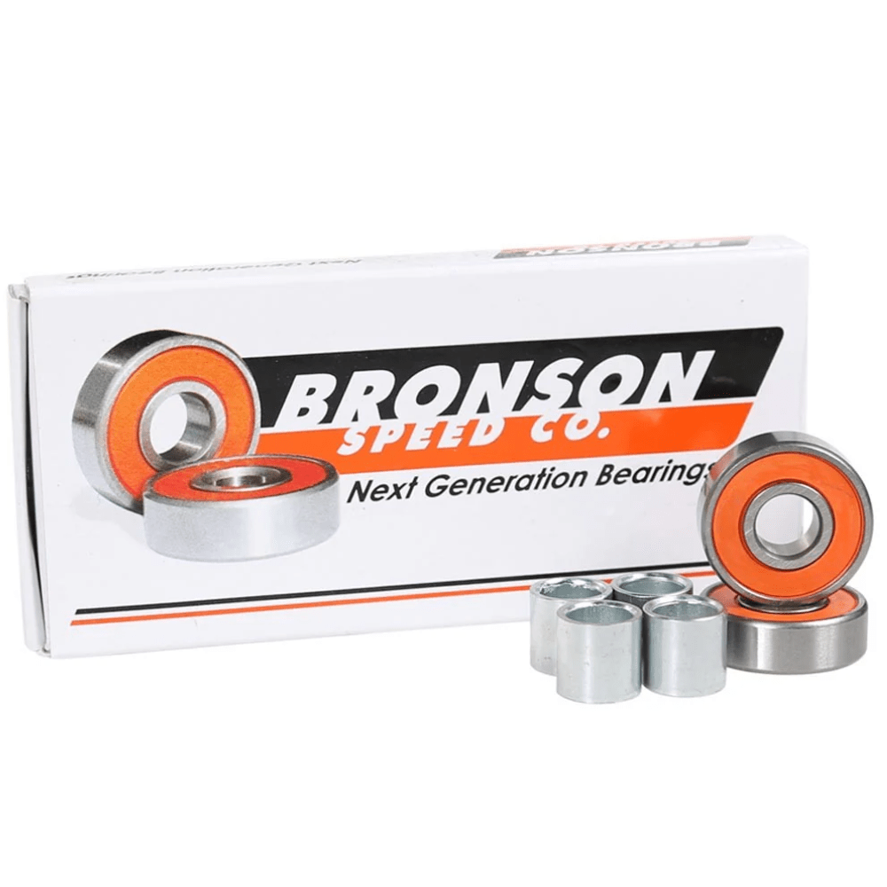 Bronson G2 Skateboard Bearings by Bronson, showing close-up of high-performance skateboard bearings with branding and metal construction.