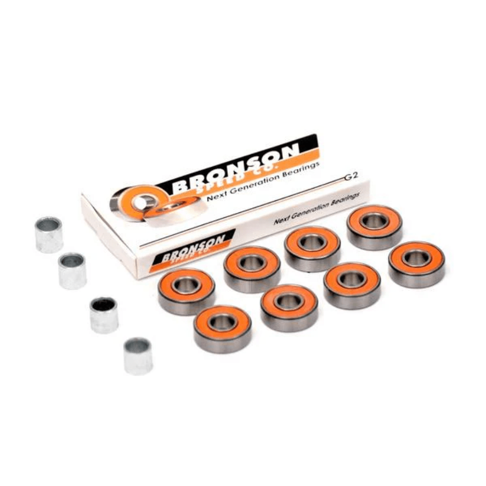 Bronson G2 Skateboard Bearings by Bronson showing shiny metal bearings with branding details for smooth ride performance.