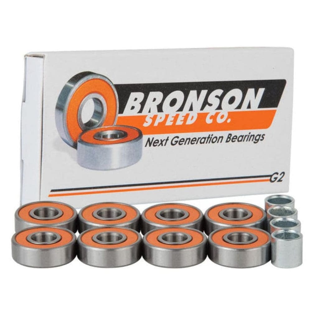 Bronson G2 skateboard bearings by Bronson featuring durable metal construction and precision inner and outer races for smooth riding.