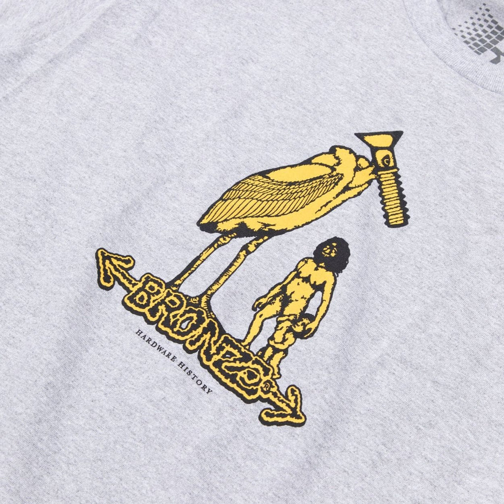 Bronze 56K Hardware History T-Shirt in Heather Grey, featuring a graphic design on a casual cotton tee.