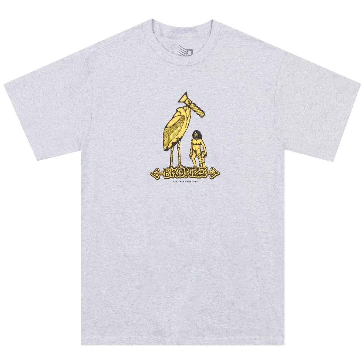 Bronze 56K Hardware History T-Shirt in heather grey, featuring a graphic design related to vintage computer hardware.