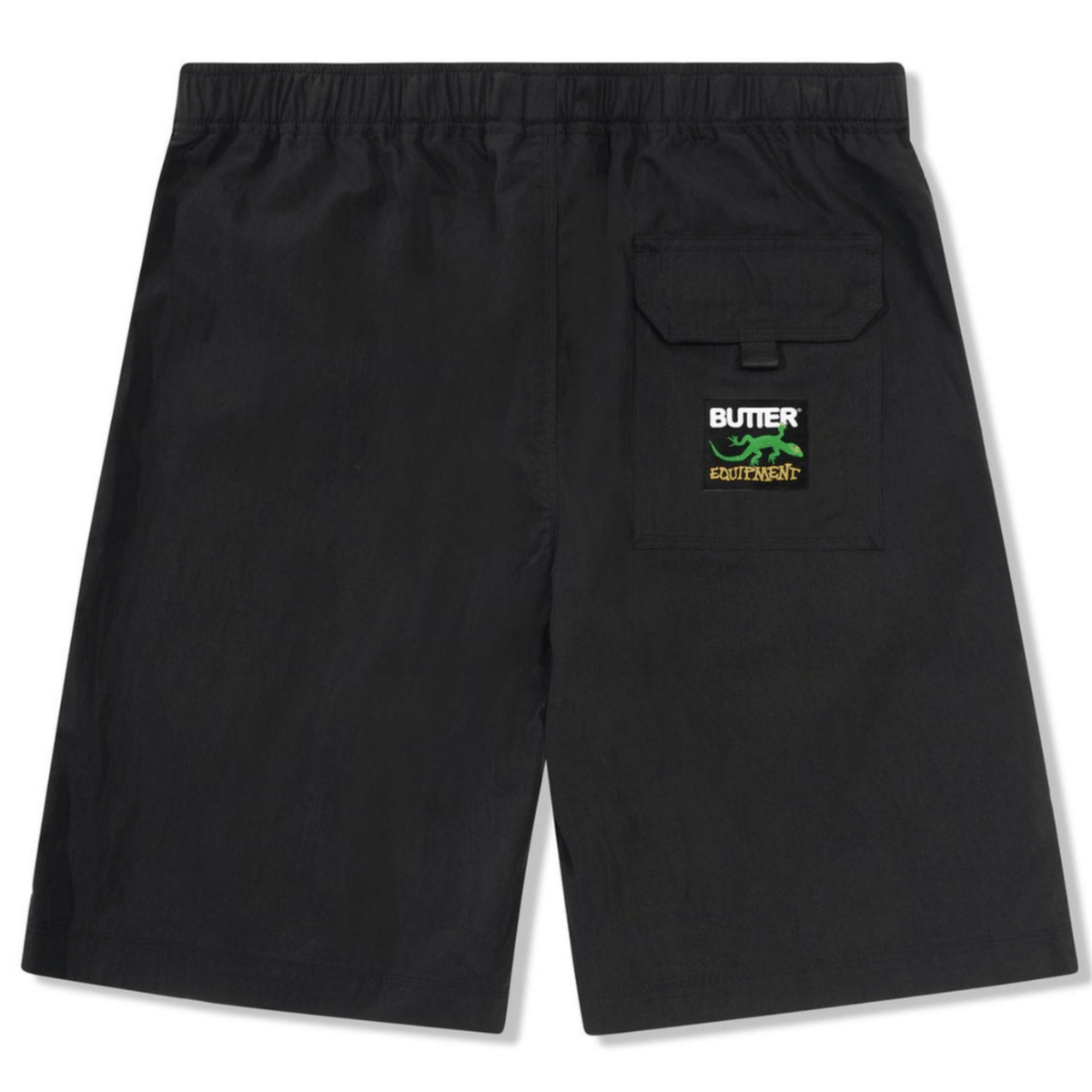 Black Butter Goods Climber Shorts with adjustable waistband and relaxed fit, shown on a model against a neutral background.