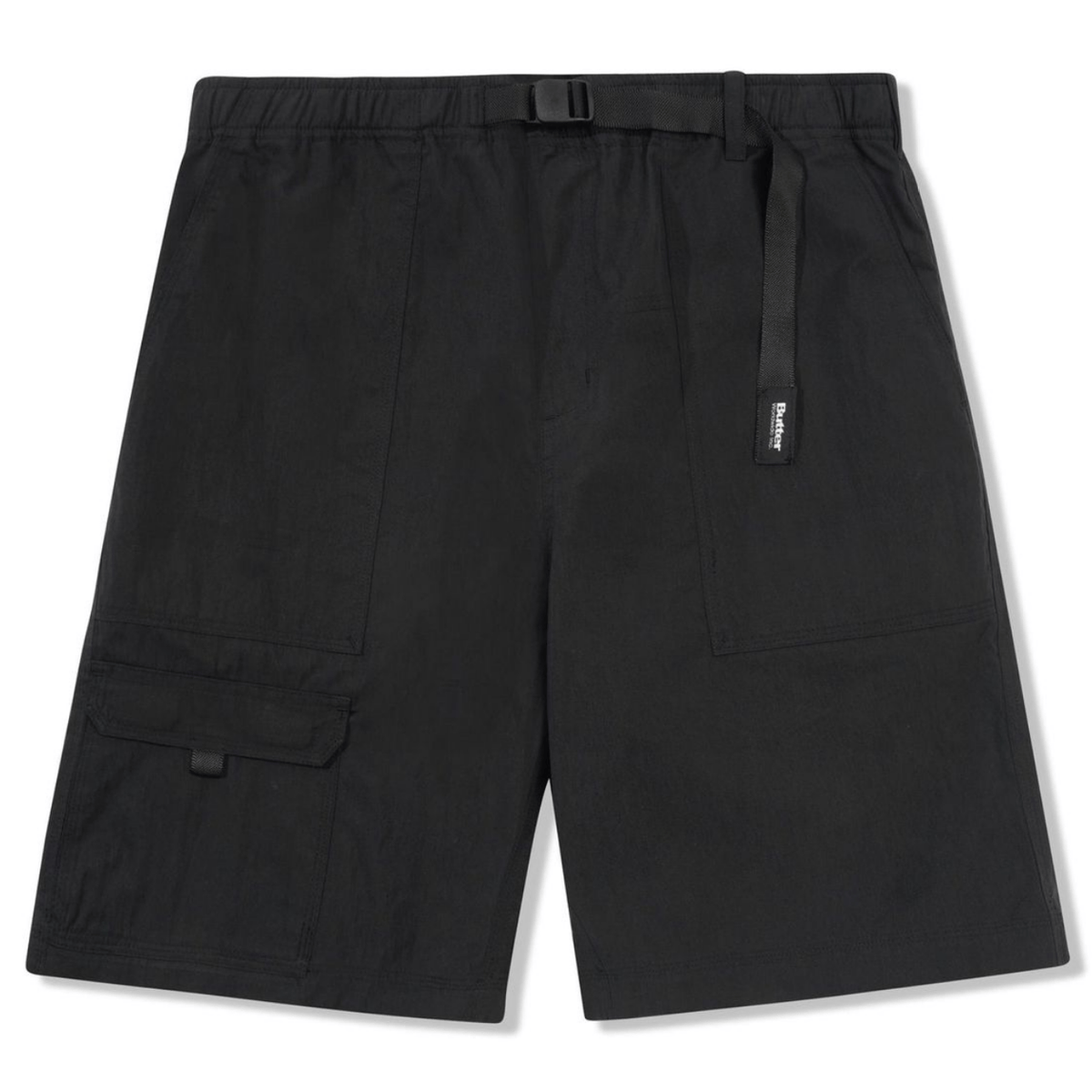 Black Butter Goods Climber Shorts with relaxed fit and adjustable waistband, displayed on a hanger.