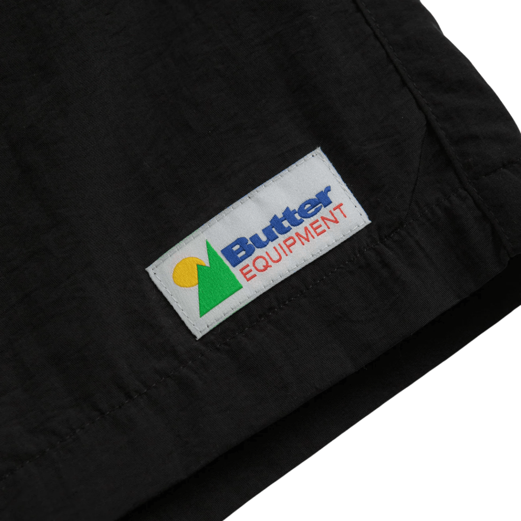 Black Butter Goods Equipment Shorts with adjustable waistband and casual fit, perfect for skateboarding and everyday wear.