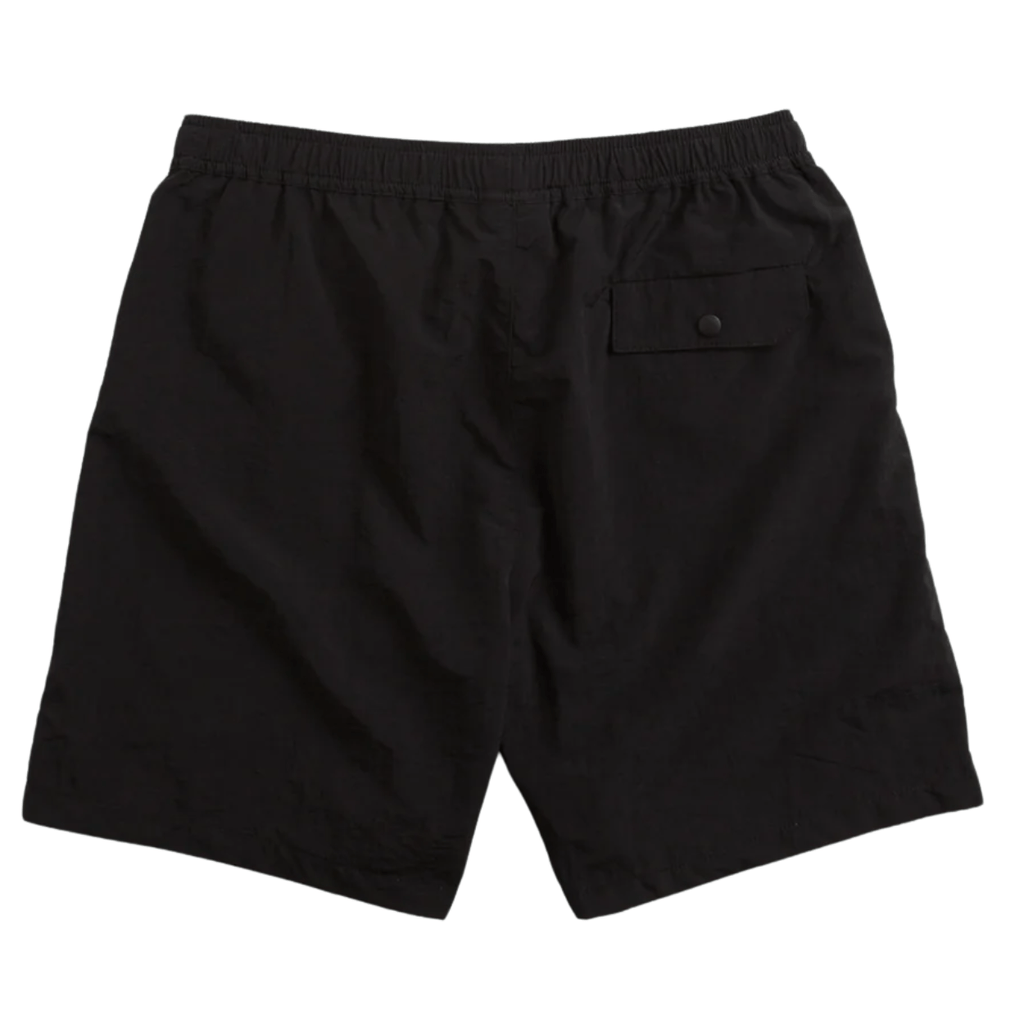 Black Butter Goods Equipment Shorts displayed on a hanger, showcasing the casual design and relaxed fit of these skatewear shorts.