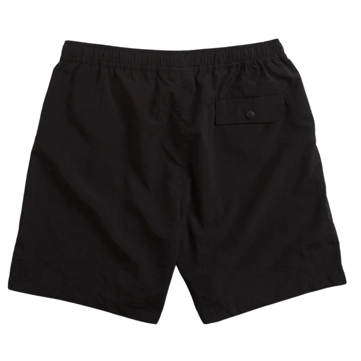 Black Butter Goods Equipment Shorts displayed on a hanger, showcasing the casual design and relaxed fit of these skatewear shorts.