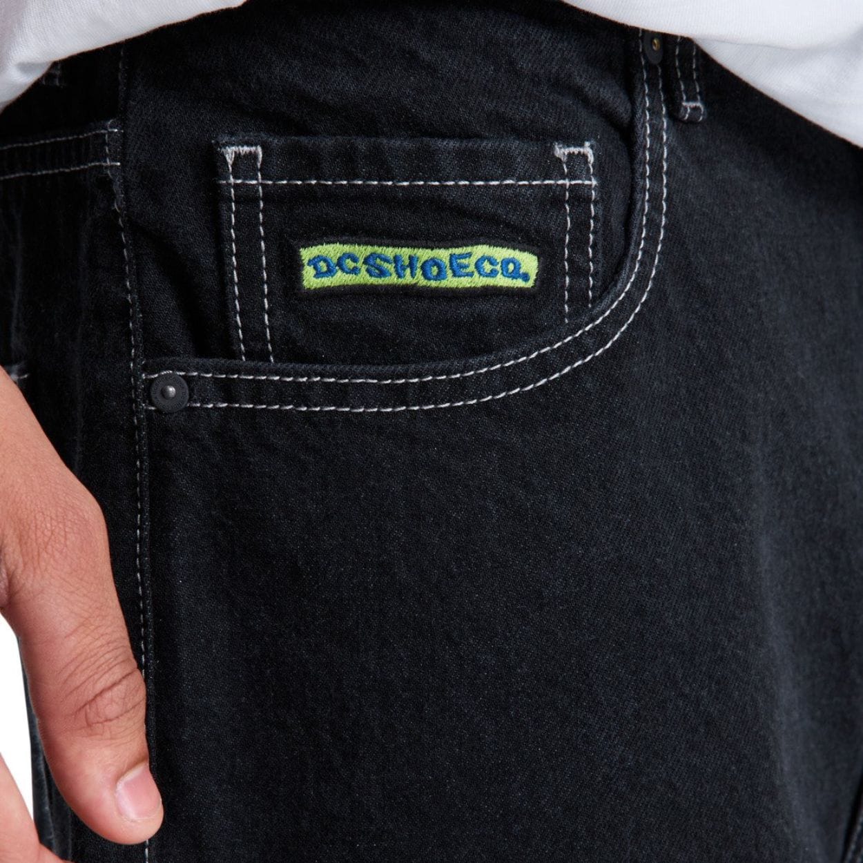 Black DC Baggy Denim Jeans with relaxed fit and classic five-pocket design, styled on a model.