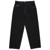 Black DC Baggy Denim Jeans displayed with relaxed fit and classic denim texture, featuring a branded waist tag and stitching details.