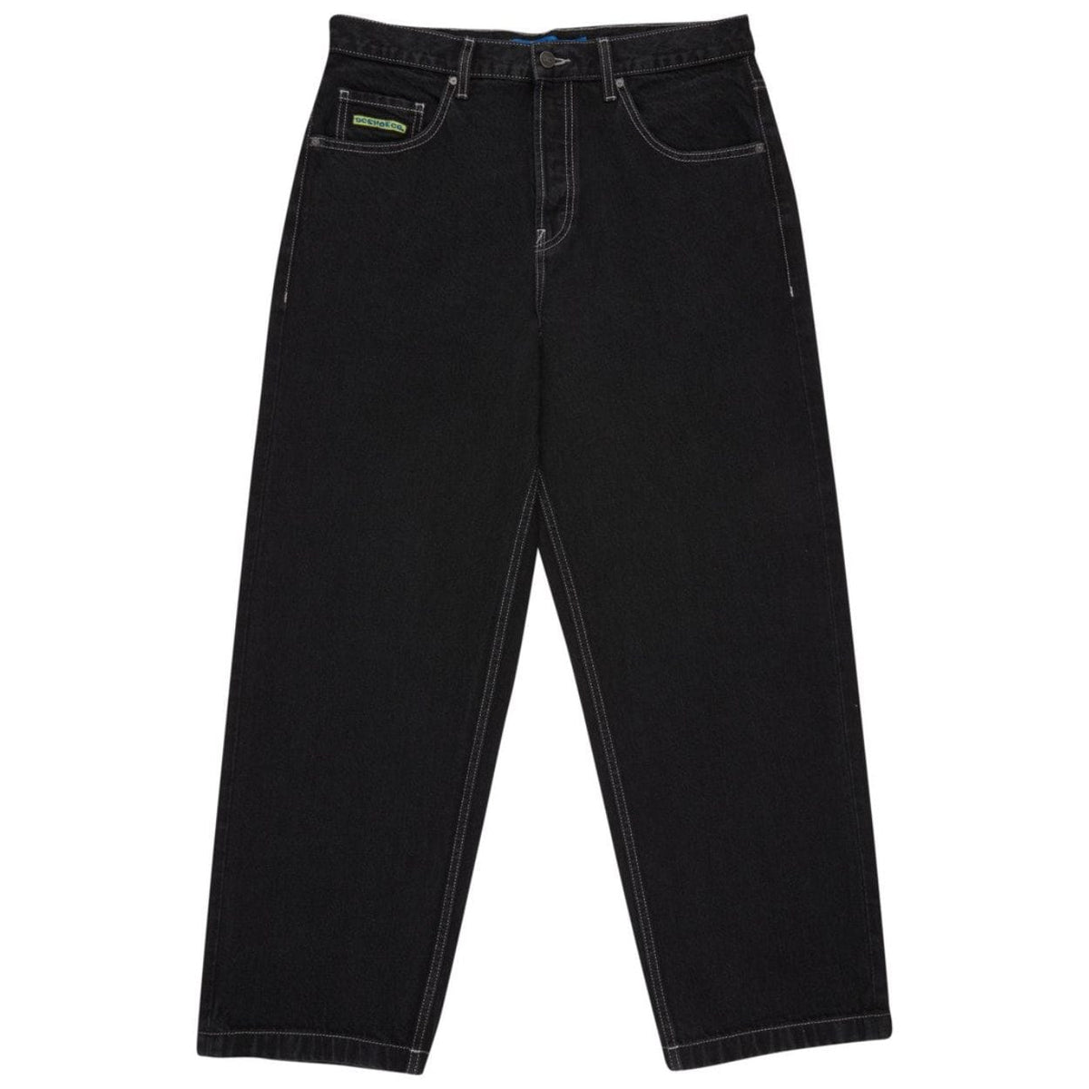 Black DC Baggy Denim Jeans displayed with relaxed fit and classic denim texture, featuring a branded waist tag and stitching details.