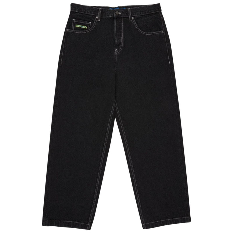 Black DC Baggy Denim Jeans displayed with relaxed fit and classic denim texture, featuring a branded waist tag and stitching details.