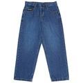 Blue DC Shoes Baggy Denim Jeans with relaxed fit and classic five-pocket style, displayed on a hanger.