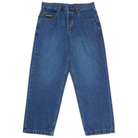 Blue DC Shoes Baggy Denim Jeans with relaxed fit and classic five-pocket style, displayed on a hanger.
