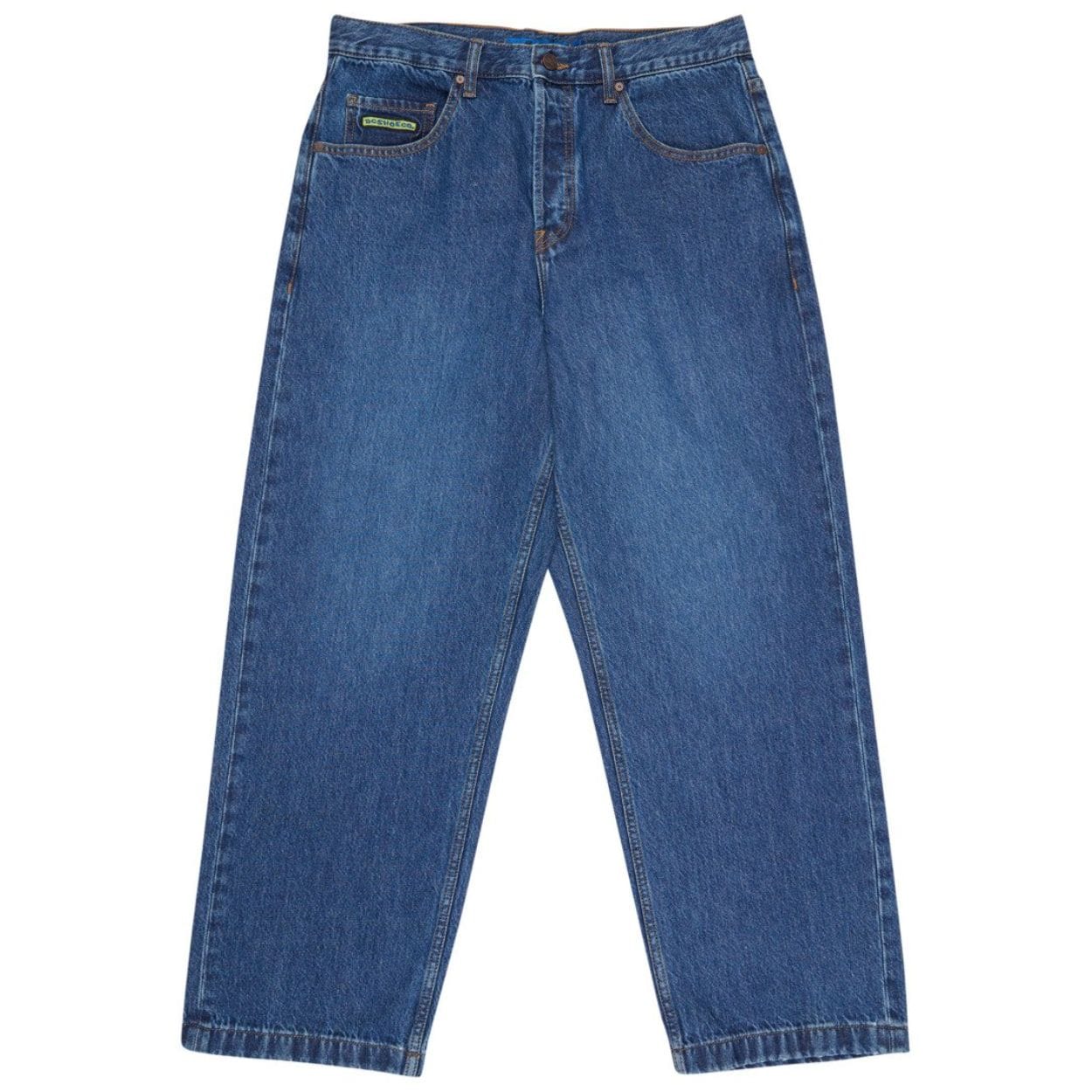 Blue DC Shoes Baggy Denim Jeans with relaxed fit and classic five-pocket style, displayed on a hanger.