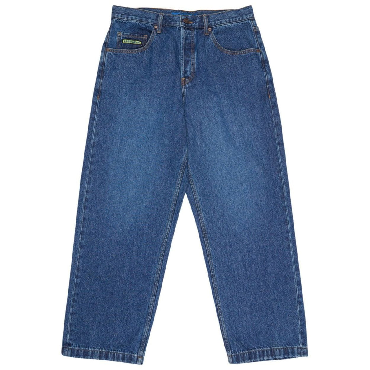Blue DC Shoes Baggy Denim Jeans with relaxed fit and classic five-pocket style, displayed on a hanger.