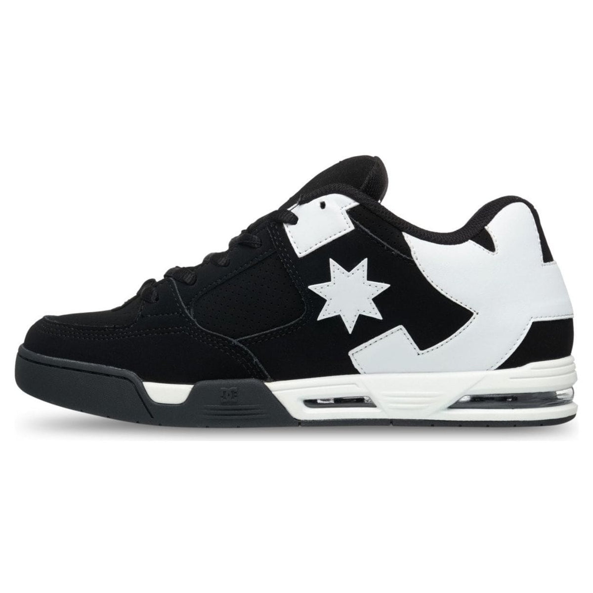 Black and white DC Command skate shoes featuring classic design and durable suede material, perfect for skating and casual wear.