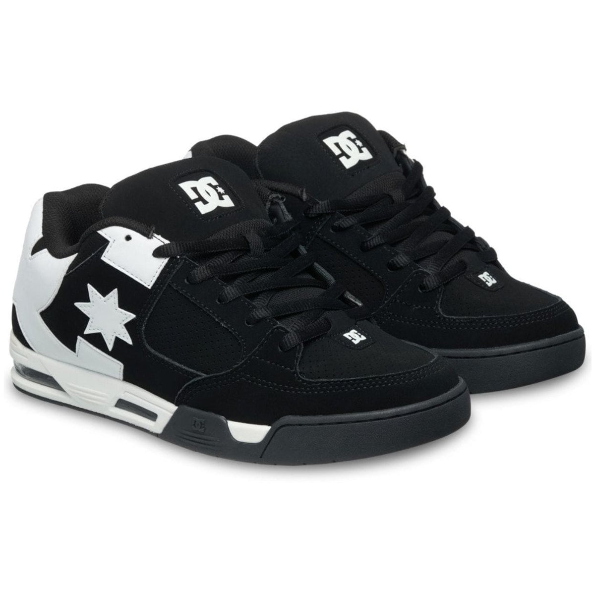 DC Command skate shoes in black and white with low-top design, featuring durable construction and skate-ready style.
