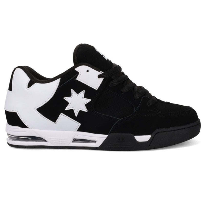 DC Shoes Command skate shoes in black and white with a low-top design and skateboarding style, featuring durable construction and laces.