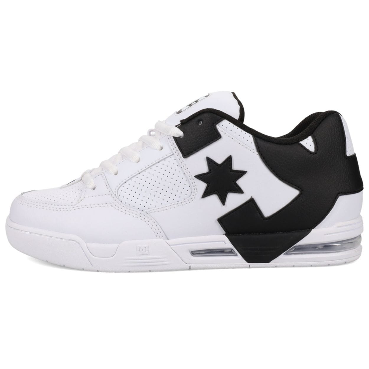 DC Shoes Command skate shoes in white and black with sleek design and skateboarding-inspired style.