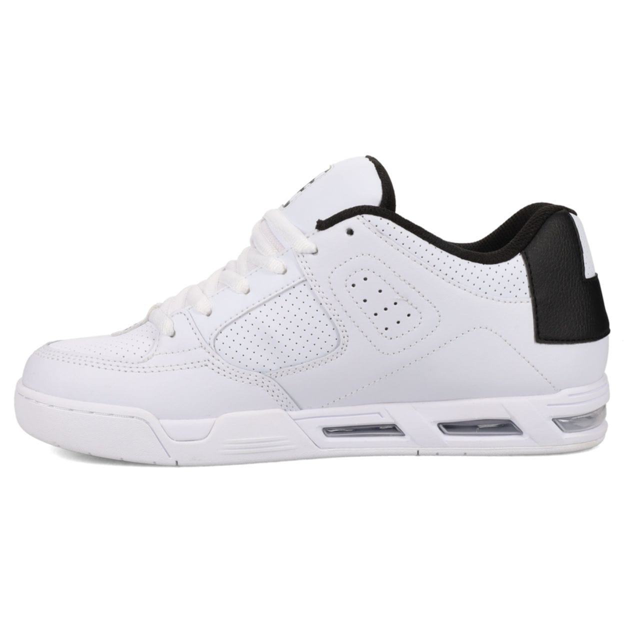 DC Shoes Command skate shoes in white and black, featuring a sleek design with durable construction and skate-ready style.