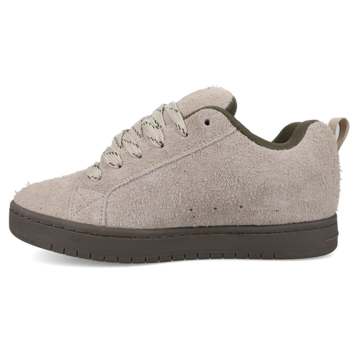DC Shoes Court Graffik skate shoes in taupe and olive with classic design and durable skateboarding style.