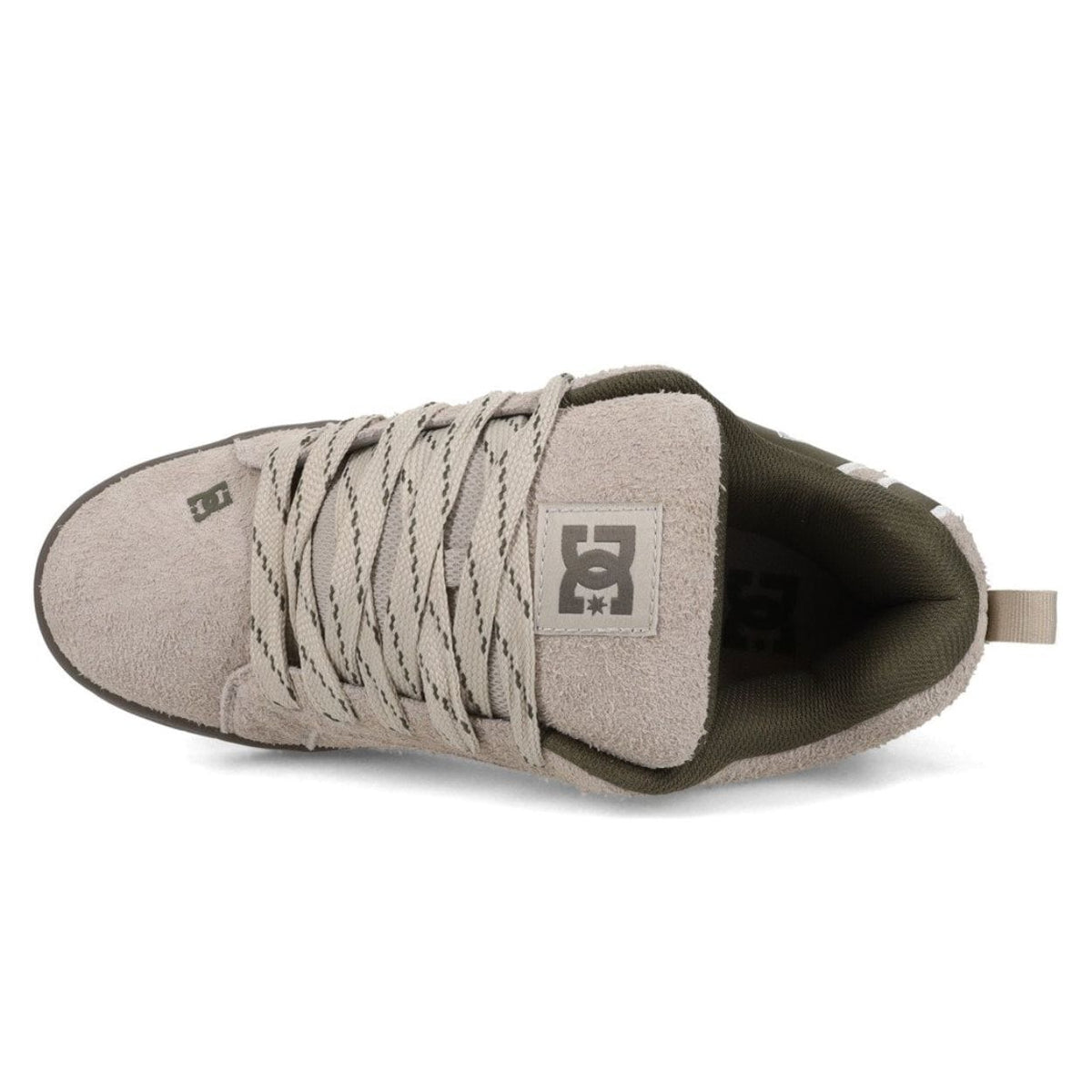 DC Shoes Court Graffik skate shoes in taupe and olive color, featuring durable design and classic skate shoe style.